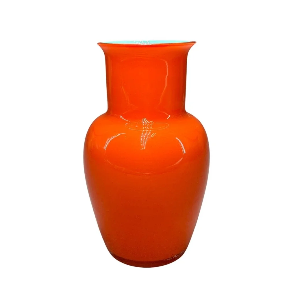 Carlo Moretti Murano Cased Glass Vase Orange Turquoise Signed Made in Italy MCM